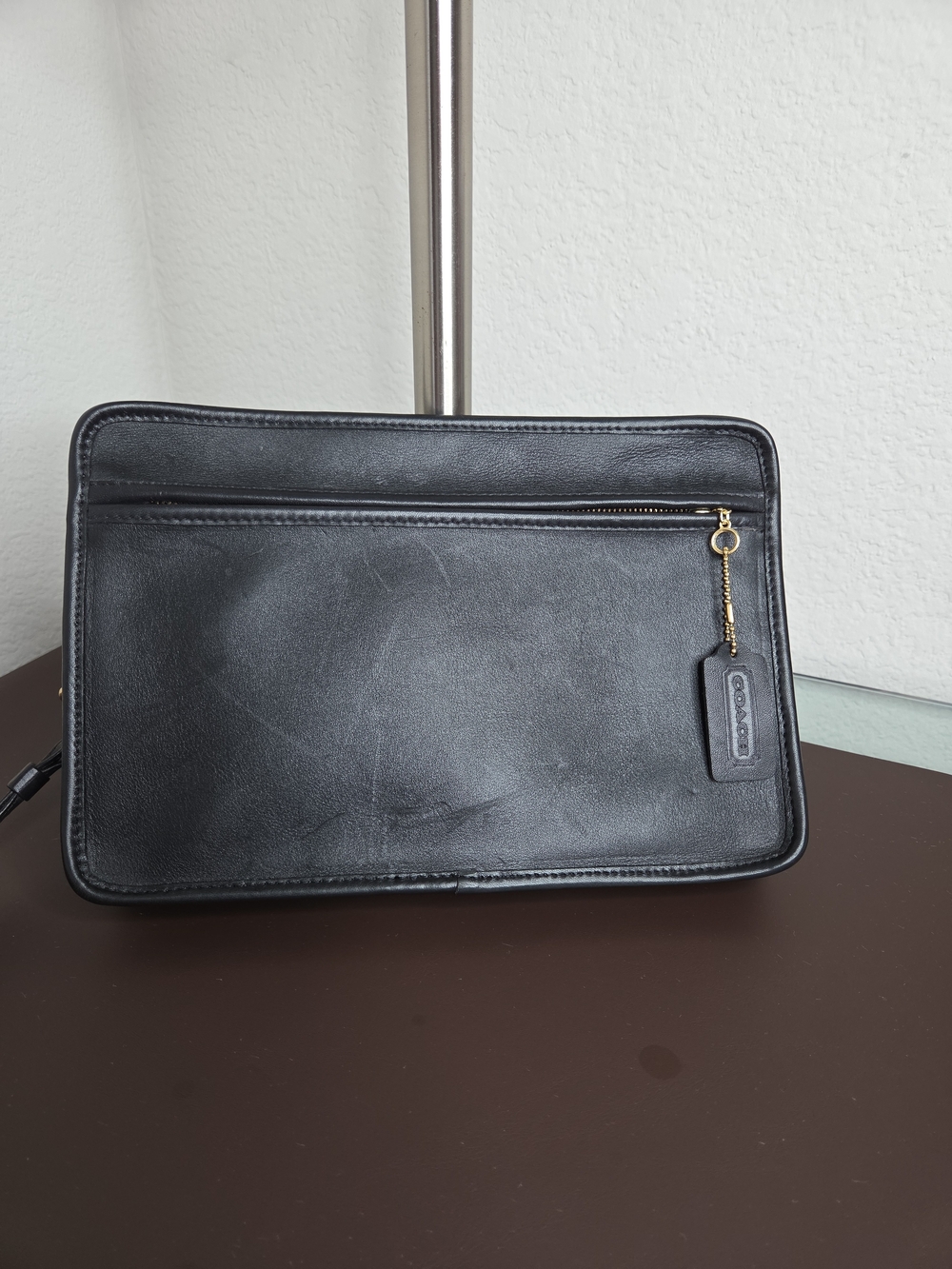 Coach Black Leather Men's Toiletry Pouch with Gold Hardware